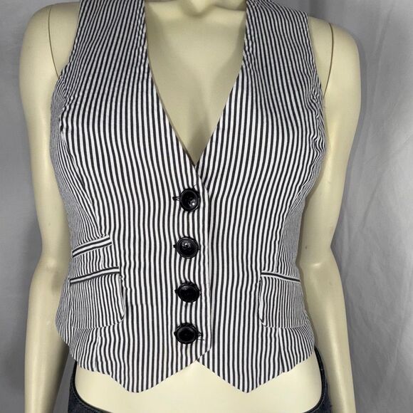Vintage Y2K Black & White Striped Button-Down Vest – Tailored Fitted Waistcoat - Picture 1 of 12